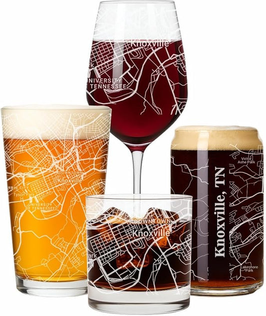 Blue Ridge Mountain Gifts - Knoxville Souvenir - Tennessee Glassware Gift, Etched City Map, Laser Engraved and Dishwasher Safe