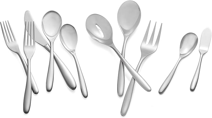 Nambé Bend 45-Piece Flatware Collection – Excellent Forged Stainless Steel Utensils with Graceful Curved Handles, Service for 8 with Hostess Set – Contemporary Tableware for Dining & Events