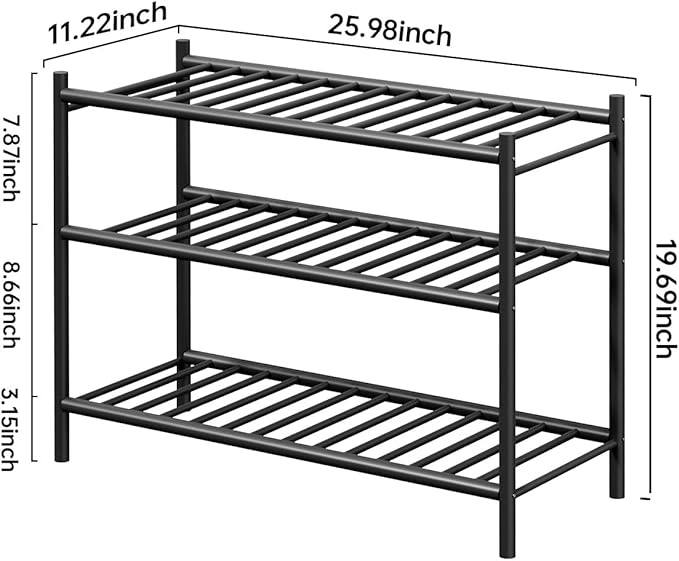 Bamboo Shoe Rack for Closet Small Wooden Shoe Organizer with Pouch, Sturdy Wood Shoe Shelf for Front Door Entrance Entryway and Outdoor, 26 inch Wide (Black, 3-Tier)
