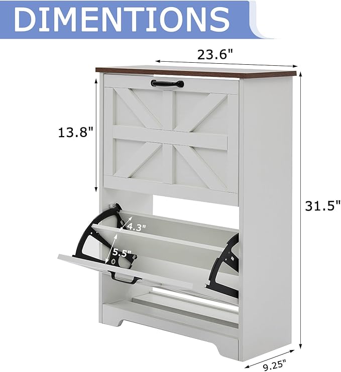 Shoe Storage Cabinet with Bench, Farmhouse Shoe Organizer with Barn Door Design, Space-Saving Hidden Narrow Shoe Rack Cabinet for Entryway, Hallway & Foyer，White
