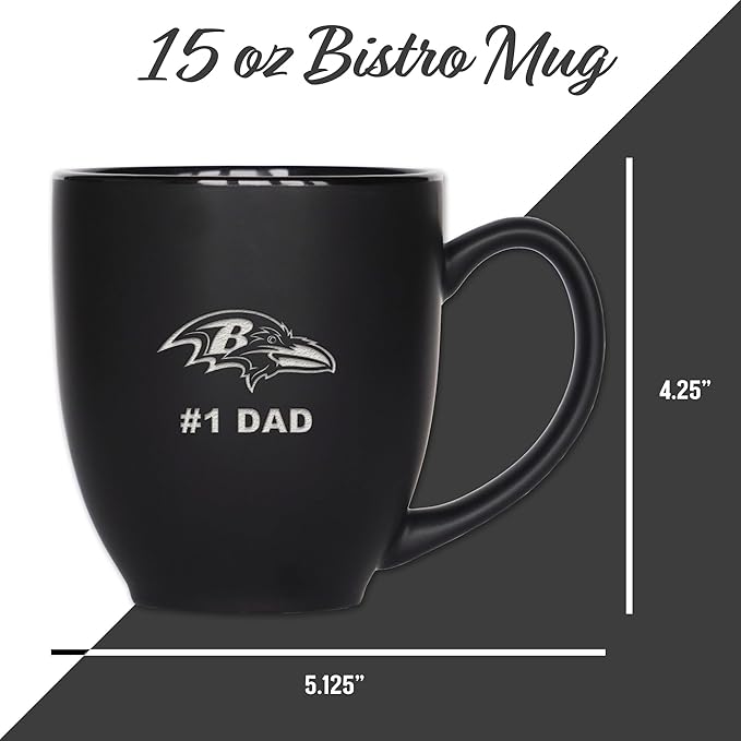 Rico Industries NFL Football #1 Dad 15oz Laser Engraved Matte Black Ceramic Bistro Mug - for Hot or Cold Drinks