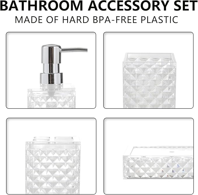 Bathroom Accessories Set 4-Piece Plastic Gift Set with Toothbrush Holder, Toothbrush Cup, Soap Dispenser, Soap Dish(Clear)