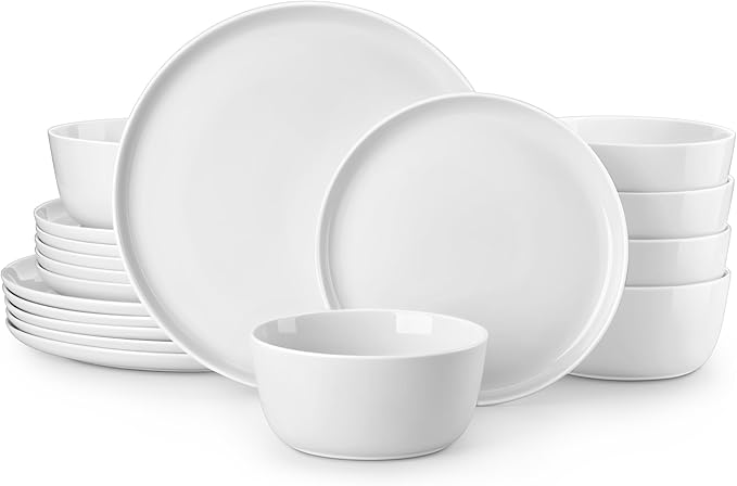 MALACASA 18 Pieces Gourmet Porcelain Dinnerware Sets, Premium Plates and Bowls Set, High-Fired Ceramic Dishes Set for 6, Chip & Scratch Resistant, Microwave Dishwasher Safe, White, Series LEXI