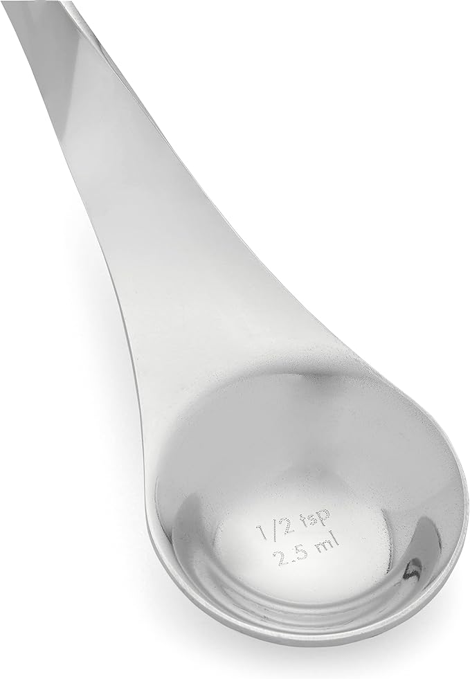 Nambé Alvaro Uribe Measuring Spoon Set – 4 Stainless Steel Spoons with Artistic Twisted Handles, Metric & Standard Markings, Rust-Resistant Easy-Clean Utensils for Cooking & Baking Precision