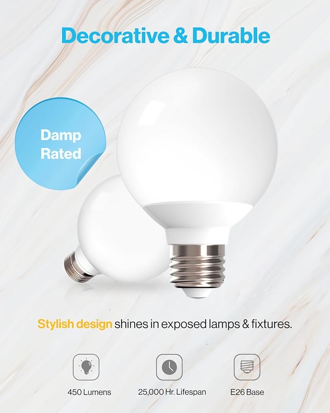 Sunco 12 Pack Vanity Globe Light Bulbs G25 LED for Indoor Bathroom Mirror Living Area, CRI92 4000K Cool White, Dimmable 450 Lumens, 6W, E26 Base, Round Frosted Classic Ambient Decorative Bulb - UL