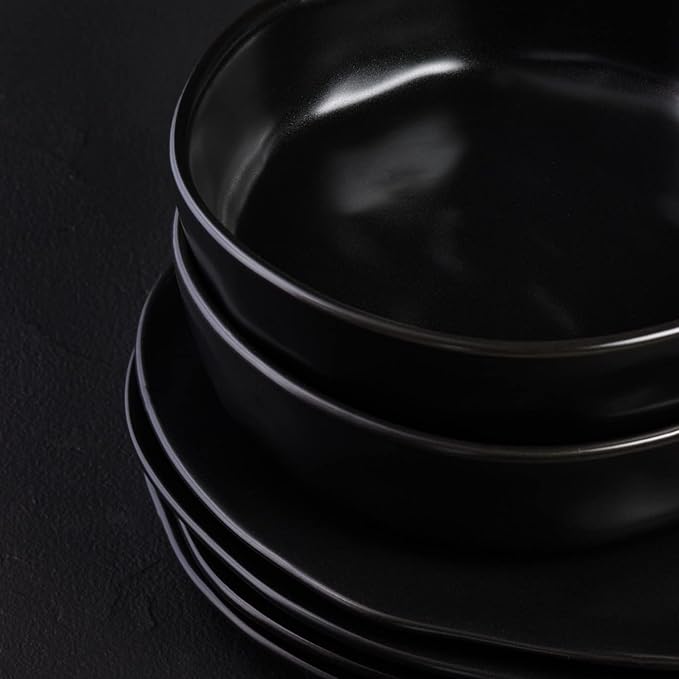 Stone by Mercer Project HEKONDA Modern Stoneware 16-Piece Dinnerware Set, Plate and Bowl Set, Dish Set for 4, Black