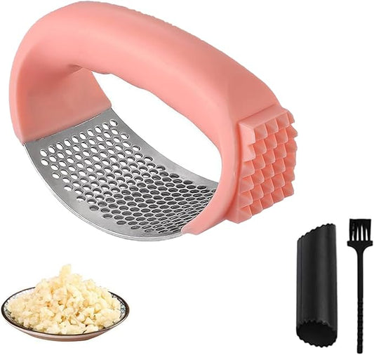 Stainless Steel Garlic Press,2025 New Upgraded Garlic Press Rocker,Garlic Crusher with Peeler and Cleaning Brush, Garlic Chopper for Crush Garlic Kitchen Gadgets, Kitchen Tools. (Pink)