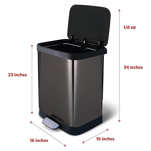 Glad Stainless Steel Step Trash Can with Clorox Odor Protection | Large Metal Kitchen Garbage Bin with Soft Close Lid, Foot Pedal and Waste Bag Roll Holder, 13 Gallon, Pewter