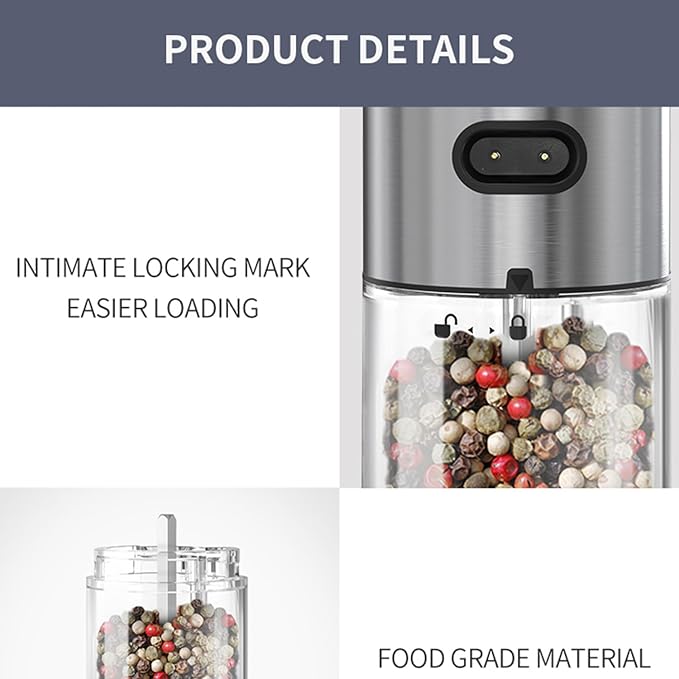 RECHARGEABLE - Electric Pepper and Salt Grinder Set, Adjustable Coarseness, With LED Light, One Hand Automatic Operation (C/Silver)