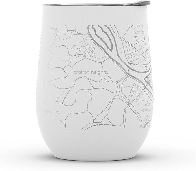 Well Told Engraved Pittsburgh Pennsylvania Map Insulated Wine Tumbler, Etched Stainless Steel Wine Tumbler (12 oz, White) City Map Insulated Tumbler, Custom Insulated Tumbler, Outdoor Drinkware