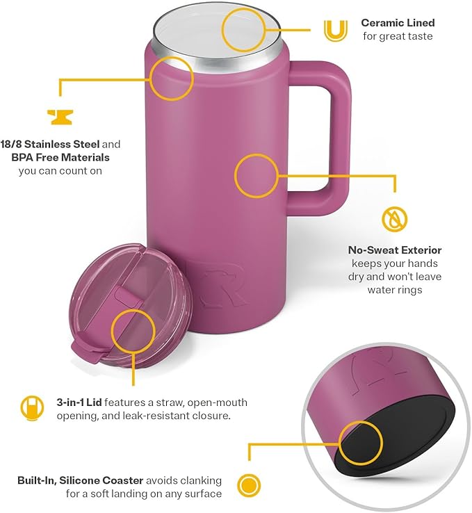 RTIC 64oz Road Trip Tumbler with Handle, Lid and Straw, Ceramic Lined, Insulated, Stainless Steel, Double Wall Vacuum-Insulation, Travel Cup, Orchid
