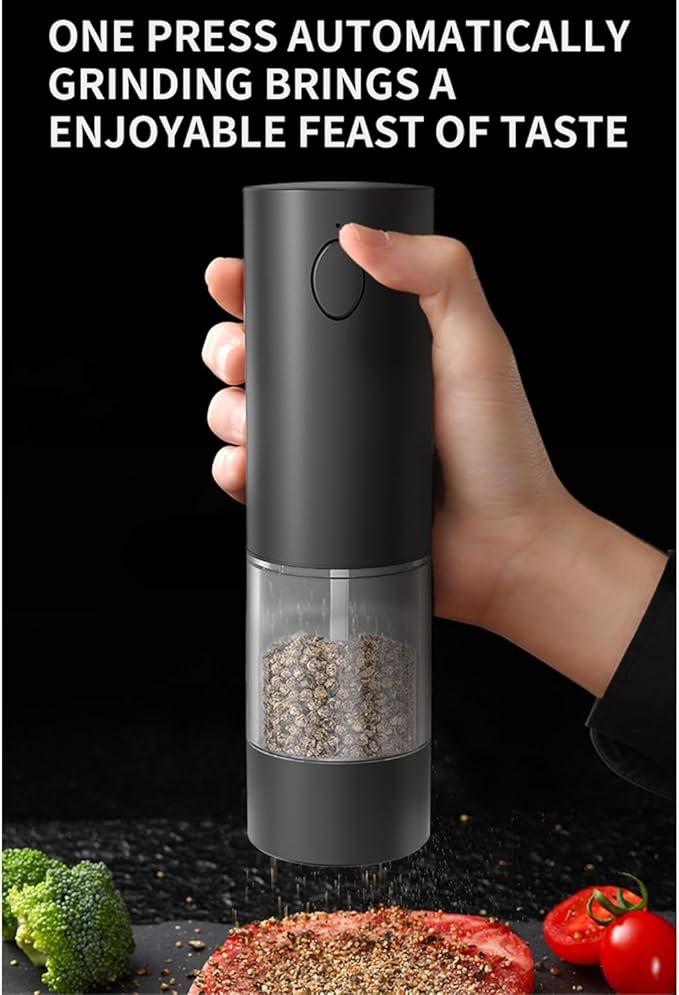 RECHARGEABLE - Electric Pepper and Salt Grinder Set, Adjustable Coarseness, With LED Light, One Hand Automatic Operation (A/Black)