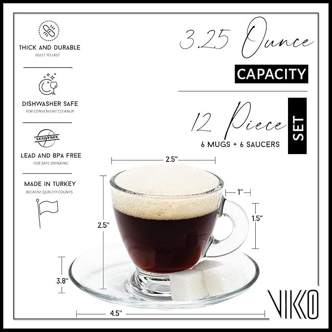 Vikko Espresso Cups, 3.25 Ounce Small Coffee Mugs with Saucer, Set of 6 Clear Glass Coffee Mug, Durable Dishwasher Safe Glass Cups for Coffee or Tea