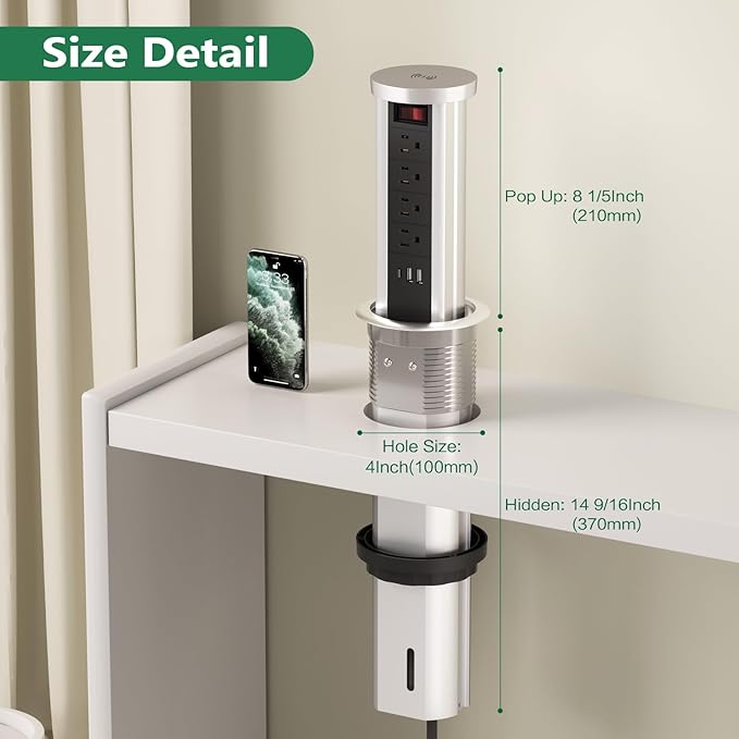 Pop Up Outlet Countertop with 10 W Wireless Charger, 4 Outlets,3 USB Ports, Splash Resistant, Automatic Pop Up Outlet for Kitchen Counter Islan, Office Conference Table
