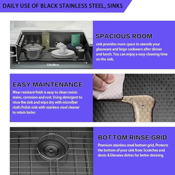 33''x22'' Kitchen Sink with Digital Display, Nano Slidable Kitchen Sinks with Knife Holder & Faucet Combo Set, Drop-in Stainless Steel Single Bowl Workstation Sink with Accessories, Black
