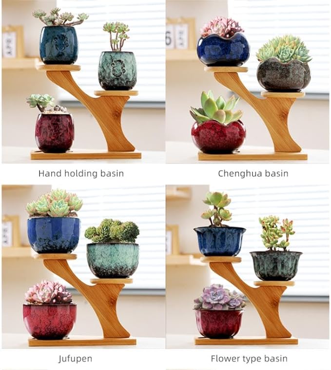 YYW Succulent Pots with Drainage Ceramic Plant Pot Indoor Small Flower Cactus Pots with Tree Tier Bamboo Stand Shallow Planter for Garden Windows Home Office Decor Plant Lovers Gifts