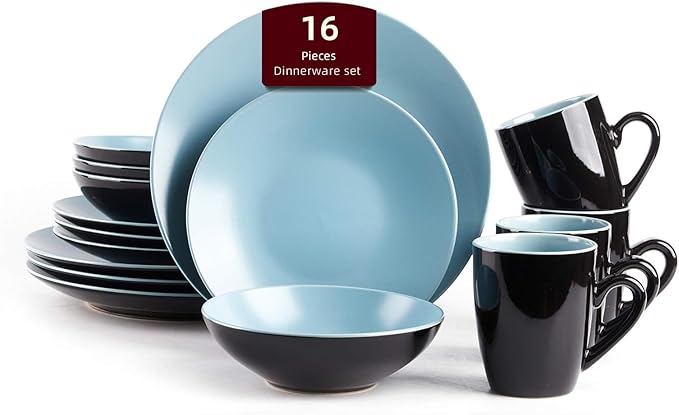 Stoneware Two-Tone Colors Life 16pc Dinner Set， Outside Shiny Black + Inside Matte Glaze Turquoise