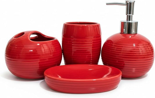 4Pcs Red Bathroom Accessories, Modern Ceramic Bathroom Accessories Set Includes Soap Dispenser, Toothbrush Holder, Tumbler and Soap Dish for Home Apartment, Red Toothbrush Holder