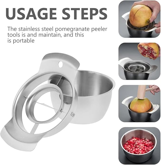 304 Stainless Steel Pomegranate Peeling Tool, 2026 New Pomegranate Deseeder Tool, High-Efficiency Pomegranate Peeler with Bowl & Wooden Hammer, for Home Kitchen