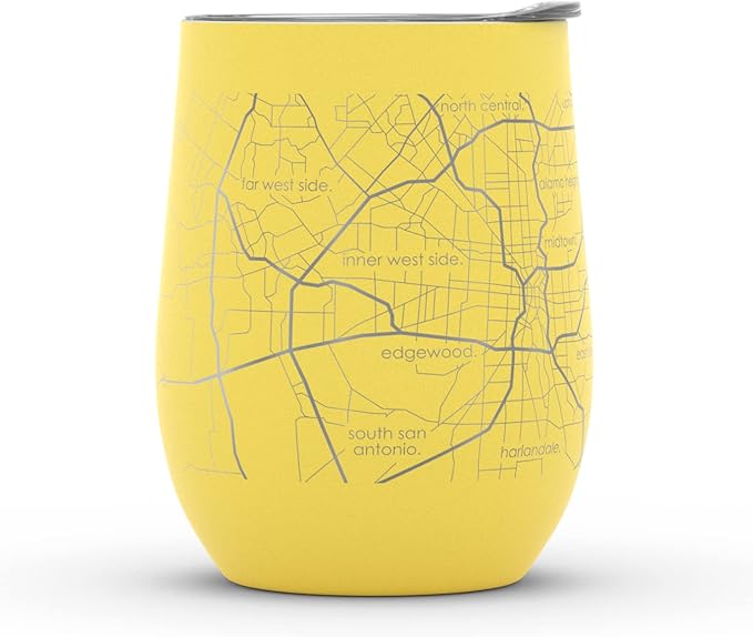 Well Told Engraved San Antonio Texas Map Insulated Wine Tumbler, Etched Stainless Steel Cup (12 oz, Sunrise Yellow) City Map Insulated Tumbler, Custom Insulated Tumbler, Outdoor Drinkware