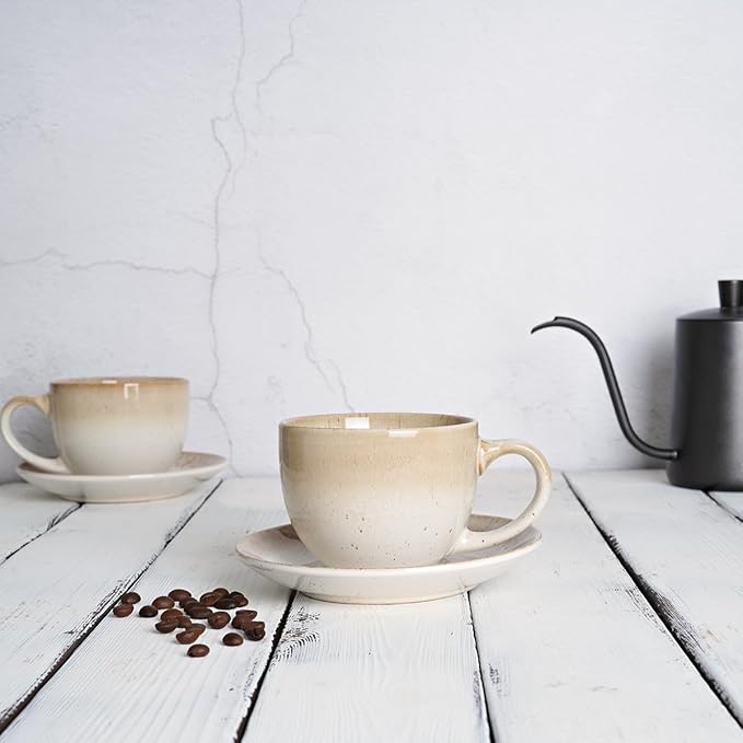 Bosmarlin Ceramic Cappuccino Cup and Saucer Set of 2, 10 Oz, Dishwasher and Microwave Safe, Coffee Cups for Latte, Espresso, Tea, Reavtive Glaze (Brown)