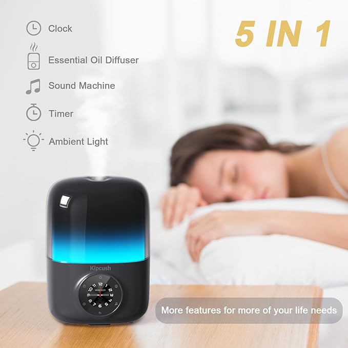 Kipcush Essential Oil Diffuser, 250ML Humidifier withWhite Noise Machine, LED Mood Lighting, TouchScreen,Timer, Auto-Off