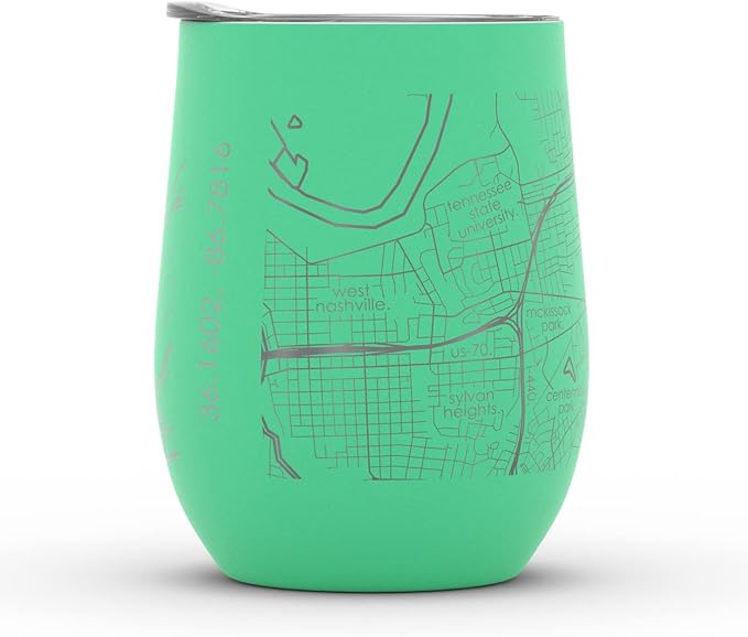 Well Told Engraved Nashville Tennessee Map Insulated Wine Tumbler, Etched Stainless Steel Cup (12 oz, Sunday Green) City Map Insulated Tumbler, Custom Insulated Tumbler, Outdoor Drinkware