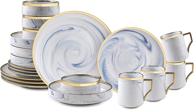 20 Piece Plates and Bowls Sets, Fine China Artisan Marbled Dinner Set for 4, Dishwahser Safe, Scratch Resistant, Blue with Gold Line