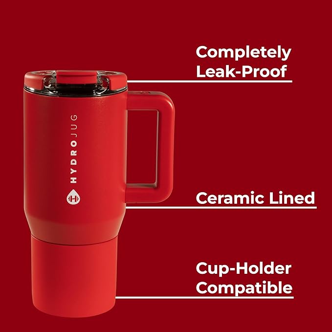 HydroJug Coffee Traveler 20 oz - Leak-Resistant, Ceramic-Lined Insulated Travel Coffee Mug for Hot or Cold Drinks with Flip Lid & Handle, Dishwasher Safe Coffee Tumbler, Alumni Red