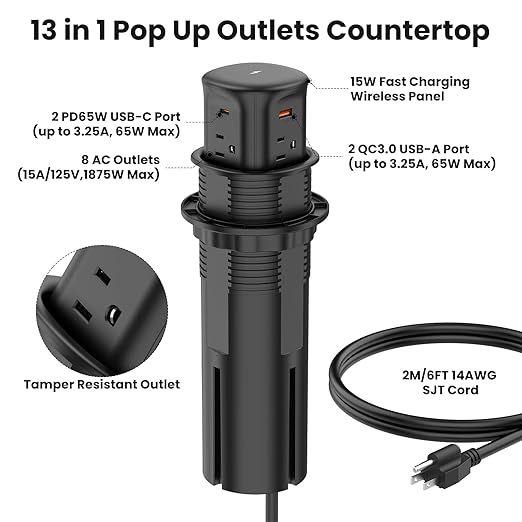 VILONG Pop Up Outlet with 15W Wireless Charger,4 USB Ports，8 Outlets,Space-Saving Concealed Design,Pop Up Countertop Receptacle for Conference Table,Kitchen Countertop (ETL Listed)