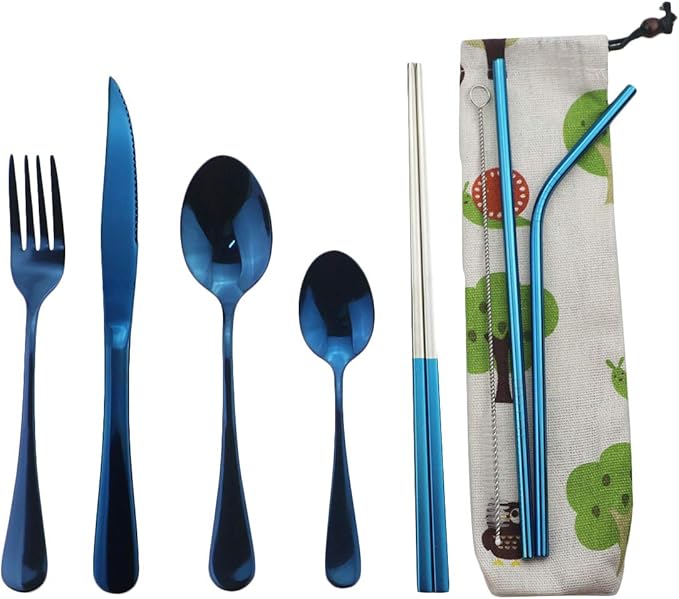 Gugrida Blue Reusable Utensils, Healthy & Eco-Friendly 8 Pieces Portable Stainless Steel Flatware Tableware Set, Portable Travel Camping Cutlery Knife Fork Spoon Straws Set（Steak Knife）