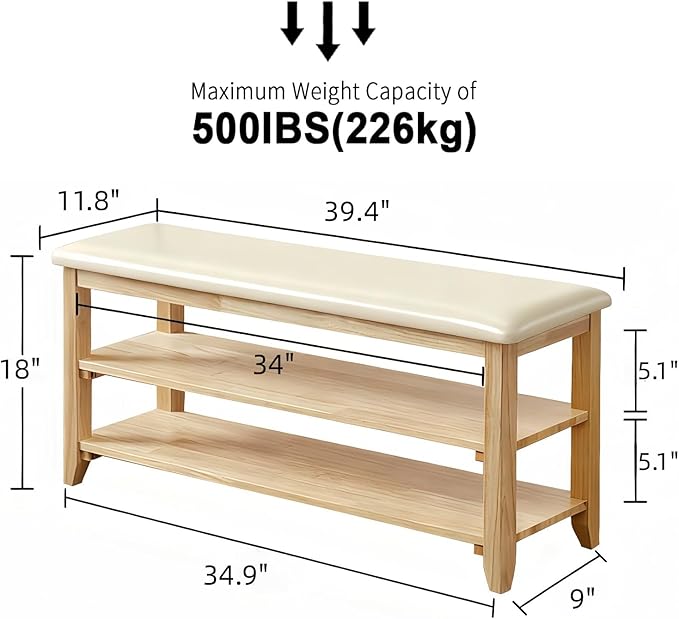 Shoe Bench Storage with Leather Cushion, Rustic Solid Wood Entryway Bench with 2 Height-Adjustable and Removable Shelves for Hallway, Living Room, Mudrooms (Natural Wood,39.4")