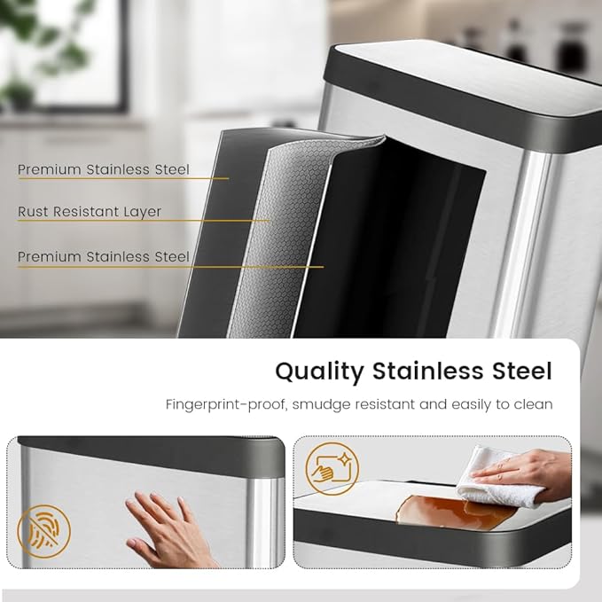 10 Gallon Ktichen Trash Can with Lid, Stainless Steel Trash Can with Removable Inner Bucket, Soft Close Lid, Step-On Pedal Bin for Kitchen, Office, Bathroom