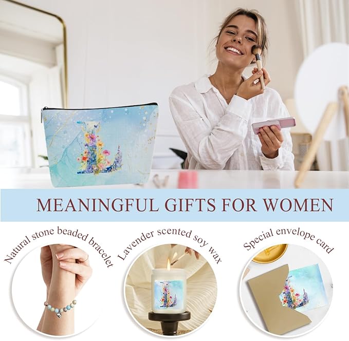 Personalized Gifts Monogrammed Birthday Gifts for Women, Mama New Mom Thanksgiving Wedding Christmas Initial Wine Tumbler Makeup Bag Scented Candle Bracelet Set, (Aesthetic Blue Flower L)