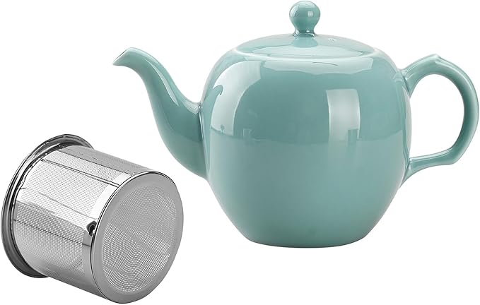 Antique Ceramic Teapot Coffee Pot with Infuser, 400ml (1-2 cups) Small Porcelain Tea Pots for Loose Leaf Tea, with Removable Stainless Steel Strainer and Lid for Gift (Cyan)