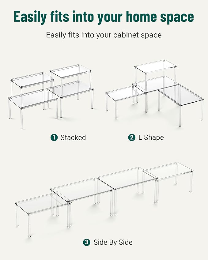 Acrylic Cabinet Organizer, Set of 4 Spice Rack Organizer for Cabinet, Desk Countertop Shelf Organizer, Pantry Kitchen Storage and Organization, Stackable Shelves House Essentials for Gift