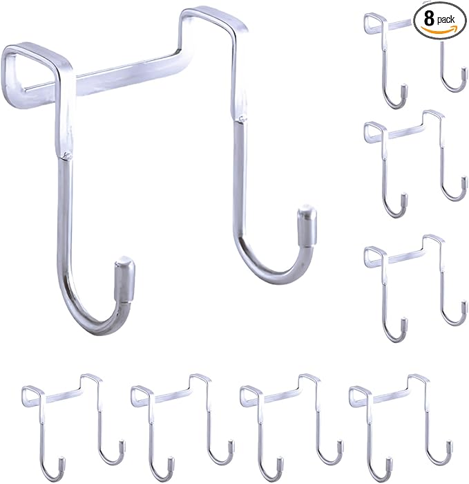 Over Cabinet Door Hook & Wardrobe Door Hook, Stainless Steel Hanging Hooks for Towels, Bags, Clothes – Bathroom Door Hooks for Towels, Kitchen Cabinet Hooks, Wardrobe Hooks, Dorm Room Hangers (8)