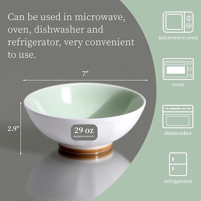 Set of 6 Large Pasta Bowls 29 oz, Green Porcelain 7 inch, Microwave Oven Dishwasher Safe Scratch Resistant