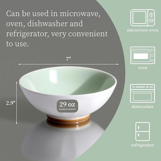 Set of 6 Large Pasta Bowls 29 oz, Green Porcelain 7 inch, Microwave Oven Dishwasher Safe Scratch Resistant