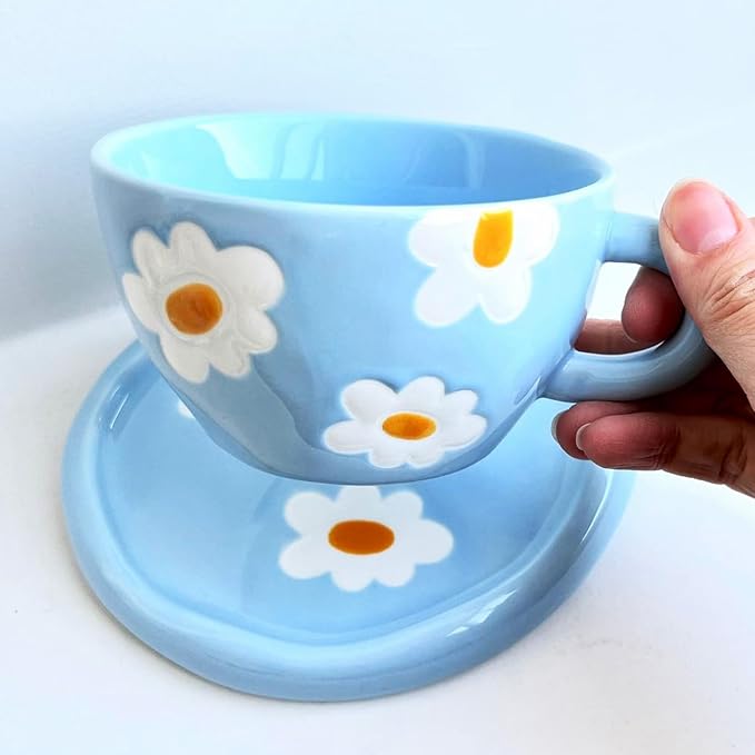 Coffee Mugs Set with Saucer Blue Flowers Cup Gifts for Women Birthday Tea Coffee Mug with Coaster 250 ML Ceramic Cup Birthday Gift for Women Girls Mom Friend Coffee Mug aucer Set
