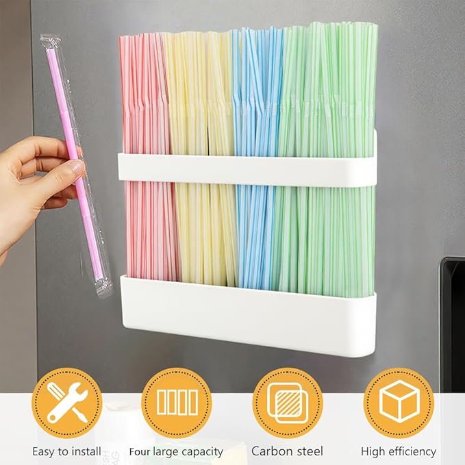 Magnetic Straw Holder – Detachable, Fits All Straws, Prevents Water Buildup (Cabinet/Fridge Use), Sticks to Metal Surfaces – Dividers for No Mess, Dry Straw Storage (White, Large)