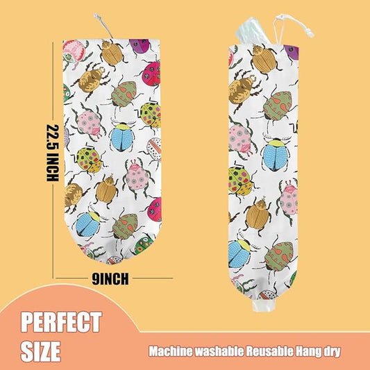 Insect Beetle Plastic Bag Holder, Wall Mount Grocery Bag Holder, Plastic Storage bag, Pull Rope Free Adjustment, Plastic Bag Holders for Grocery Bags, Plastic Bag Dispenser for Home Kitchen