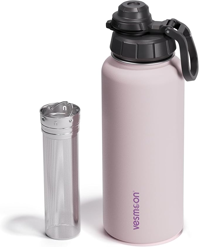 Vesmoon Vessence 32 Oz Stainless Steel Tea Infuser Bottle for Loose Leaf Tea, Water, Herbs, Fruits - Triple Layered Insulated, Leak Proof Bottle with Lid and Clip Handle - 24 Hours Hot/Cold
