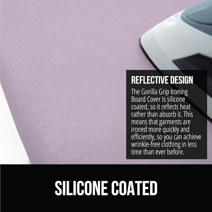 GORILLA GRIP The Original Ironing Board Cover and Pad, Silicone Coating, Thick Scorch Resistant Padding, Heavy Duty Iron Covers Standard Boards, Hook and Loop Fastener Strap, Light Purple, 15x54