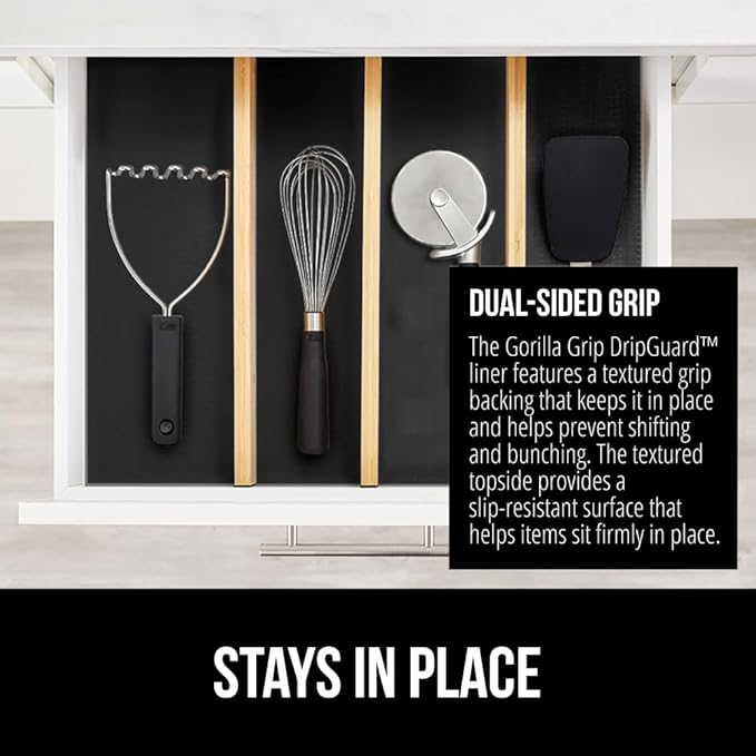 GORILLA GRIP DripGuard Shelf Liner, Non Adhesive Drawer and Kitchen Cabinet Protector, Slip Resistant BPA Free Smooth Surface Plastic Liners for Cabinets, Bathrooms, Closets, 12x120 Inch, Black