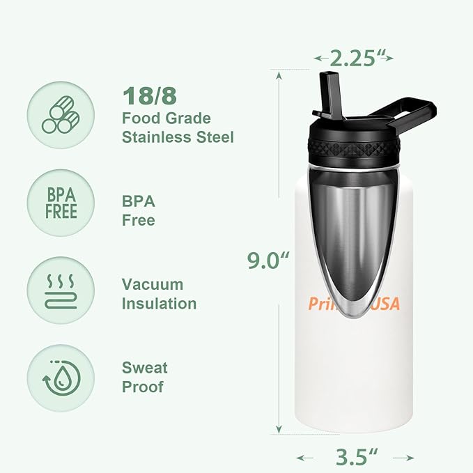 Personalized Custom Print in USA Water Bottle 25Pcs 32oz Stainless Steel Double Wall Coffee Cup with Lid & Straw Insulated Tumbler with Colorful Text Logo Photo