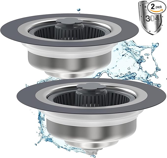 Kitchen Sink Drain Strainer Stopper 304 Stainless Steel 3 in 1 Sink Protectors Pop Up Anti-Clogging Kitchen Sink Stopper Basket Filter for US Standard 3-1/2 Inch Drain Cover(2 Packs)