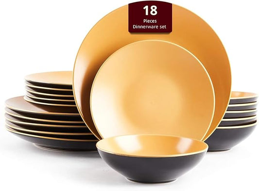 Stoneware Two-Tone Colors Life 18pc Dinner Set, Outside Shiny Black + Inside Matte Glaze Curry