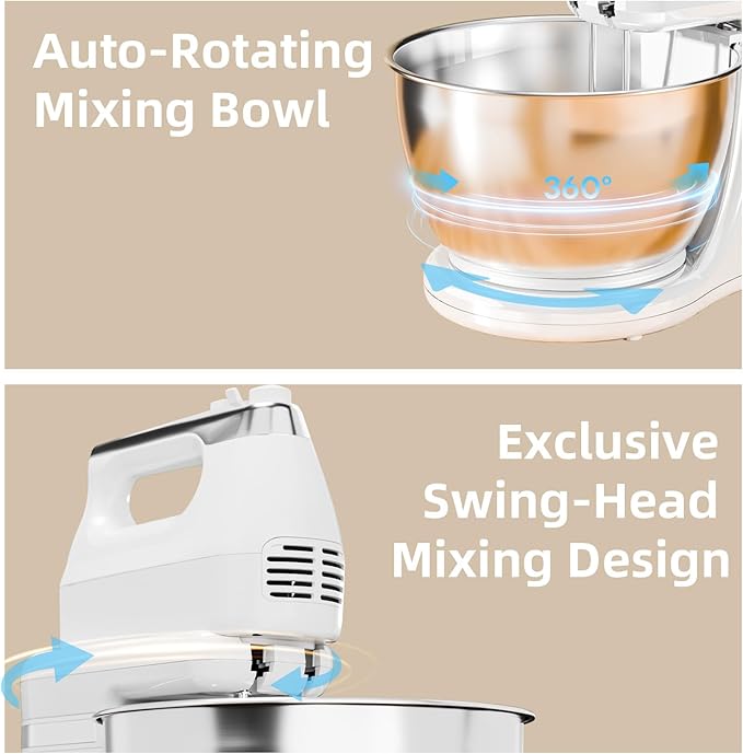 Stand Mixer Hand Mixer Electric Kitchen - 4.8 QT Smart Auto-Rotating Bowl & Beater Standing Mixer, 5-Speed Tilt-Head Household Mixer with Beaters & Dough Hooks for Baking,White