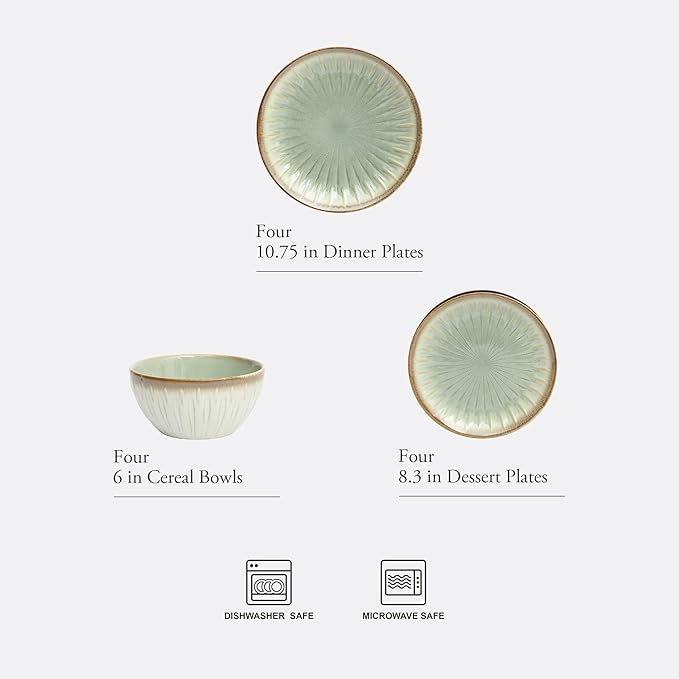 Gibson Elite Trescott Way 12-Piece Reactive Glaze Stoneware Dinnerware Set – Green Plates and Bowls